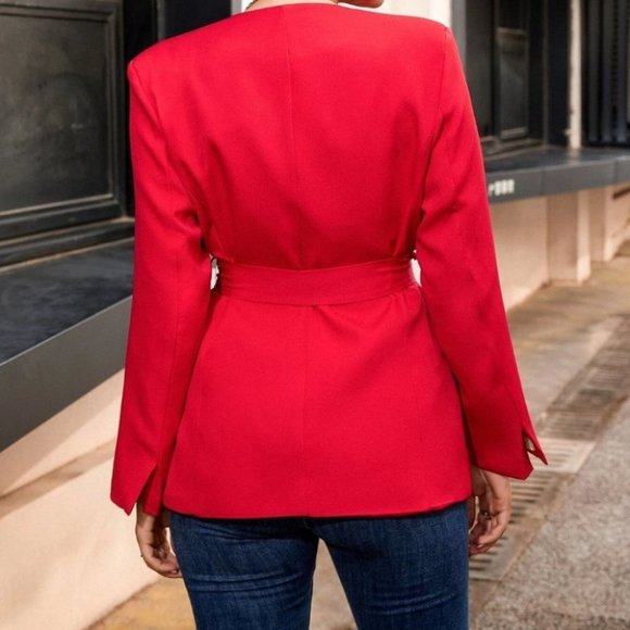 RED BELTED SINGLE BREASTED BLAZER CHIC CLASSY FALL WINTER - Picture 5 of 6